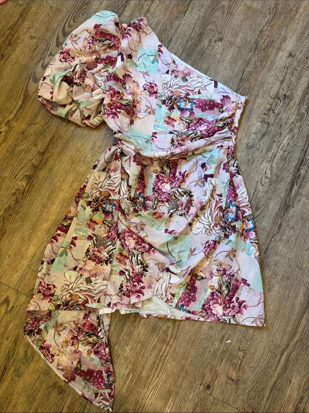 PrettyLittleThing Pink Floral One-Shoulder Dress with Mint Accents